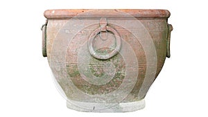 A pot made from terracotta with a round loop.