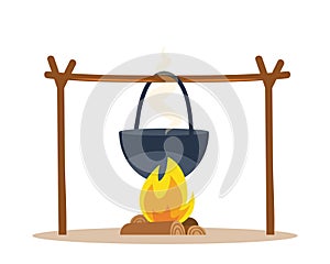 Pot over the campfire. Camping, outdoor cooking. Vector illustration