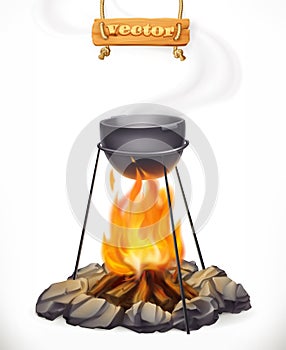 Pot over the campfire. 3d vector icon photo