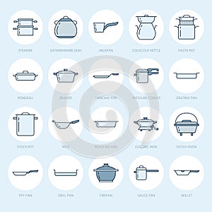 Pot, pan and steamer flat line icons. Restaurant professional equipment signs. Kitchen utensil - wok, saucepan