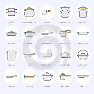 Pot, pan and steamer flat line icons. Restaurant professional equipment signs. Kitchen utensil - wok, saucepan