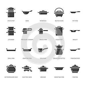 Pot, pan and steamer glyph icons. Restaurant professional equipment signs. Kitchen utensil - wok, saucepan, eathernware