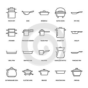 Pot, pan and steamer line icons. Restaurant professional equipment signs. Kitchen utensil - wok, saucepan, eathernware