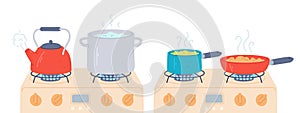 Pot and pan on stove. Preparing food and boiling water in saucepan and kettle with steam on kitchen gas stoves. Cooking