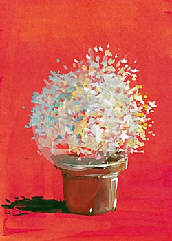 Pot plaint flower red background watercolor gouache acrylic hand painted artwork
