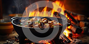 Pot with preparing dinner hangs over the fire with bright flame, concept of Roasting