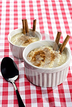 Pot with rice pudding - sprinkled with cinnamon