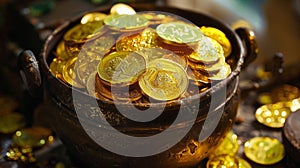 A pot of shimmering gold chocolate coins resembling treasure straight from a leprechauns lair tempting sweettoothed photo