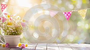 Pot of spring flowers on wooden background and a garland of multi-colored flags on a rope. April Fools Day concept, copy