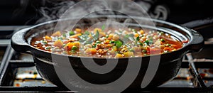 Steaming vegetable soup on stovetop photo