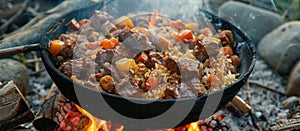 Pot of stew cooking on campfire photo