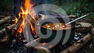 A pot of stew cooking over a campfire in a forest setting