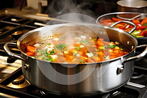 Pot Of Vegetable Soup Simmering On The Stove
