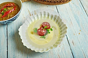 Potage Dubarry with crisp chorizo