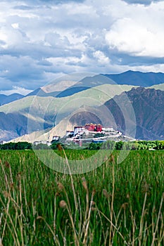 The Potala Palace, the holy place of Tibetan Buddhism under the mountains photo