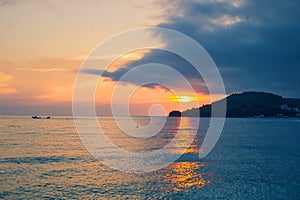 Potami beach scenic view to Ionian Sea during sunset, Himara town, Albania