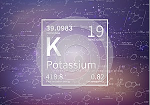 Potassium chemical element with first ionization energy, atomic mass and electronegativity values on scientific