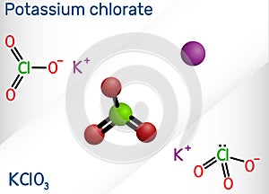 Potassium chlorate, potcrate, KClO3 molecule. Structural chemical formula