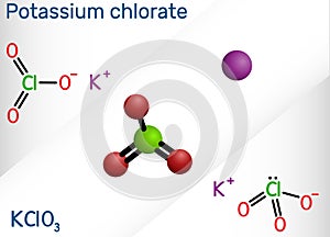 Potassium chlorate, potcrate, KClO3 molecule. Structural chemical formula photo