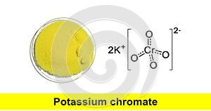 Potassium Chromate powder in Chemical Watch Glass with molecular structure