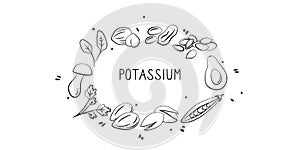 Potassium-containing food. Groups of healthy products containing vitamins and minerals. Set of fruits, vegetables, meats