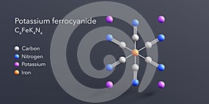 potassium ferrocyanide molecule 3d rendering, flat molecular structure with chemical formula and atoms color coding