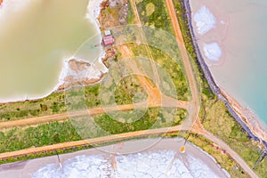 Potassium salt excavation process, aerial view. Ecological disaster