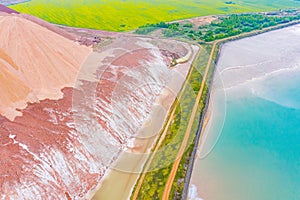 Potassium salt mining concept. Rural aerial landscape. Ecological problems