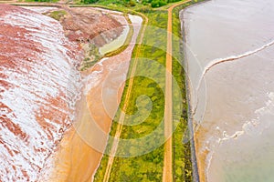 Potassium salt mining in rural area, aerial landscape. Soligorsk waste banks