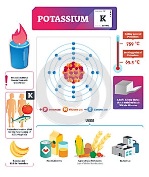 Potassium vector illustration. Chemical element characteristics and uses. photo