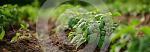 Potato bush on the garden bed. Close up. Copy space for text. Blurred background. Banner slider template.
