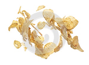 Potato chip fall fly in mid air, Golden fried Potato chip floating explosion. Pile group of Potato chip pour throw in air. White