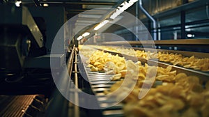 Potato chip manufacturing in a bustling factory.