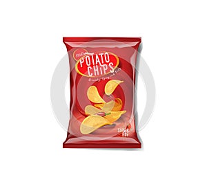 Potato chips advertisement bag, spicy chilli pepper flavor.