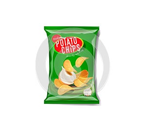 Potato chips advertisement bag, spring onion flavor.