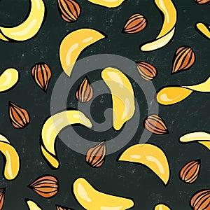 Potato Chips and Almond Seamless on a Black Chalkboard Background Fast food Pattern. Realistic Vector Illustration