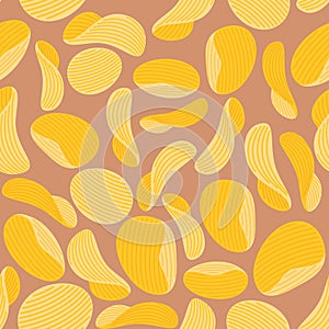 Potato chips background. Seamless pattern corrugated chips. Vector illustration