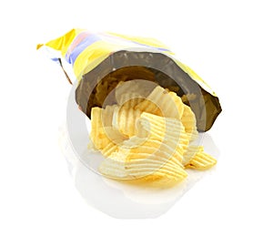 Potato chips in bag on white background