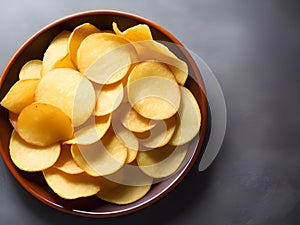 Potato chips. Beer snacks, sauce, potato on cutting board, on dark background, AI Generated