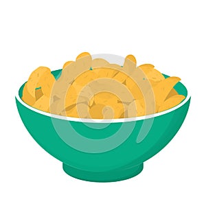 Potato chips in a bowl. Crisp snack, delicious meal full of fat.