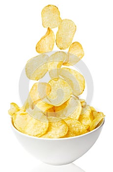 Potato chips bowl isolated on white