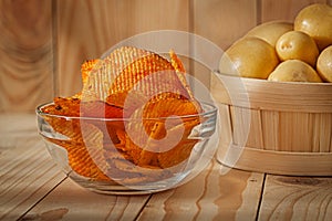 Potato Chips In Bowl On Wood Background