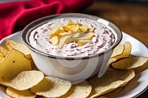 Potato chips in a bowl on a wooden background. easy dip chips, Generative AI