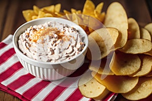 Potato chips in a bowl on a wooden background. easy dip chips, Generative AI