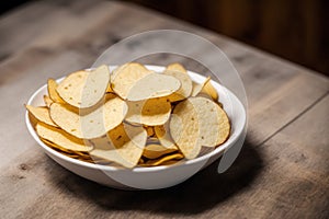 Potato chips in a bowl on a wooden background. easy dip chips, Generative AI