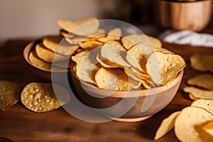 Potato chips in a bowl on a wooden background. easy dip chips, Generative AI