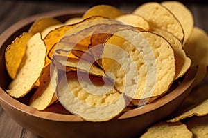 Potato chips in a bowl on a wooden background. easy dip chips, Generative AI
