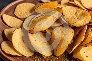 Potato chips in a bowl on a wooden background. easy dip chips, Generative AI