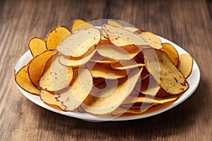 Potato chips in a bowl on a wooden background. easy dip chips, Generative AI