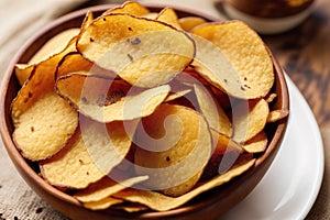 Potato chips in a bowl on a wooden background. easy dip chips, Generative AI